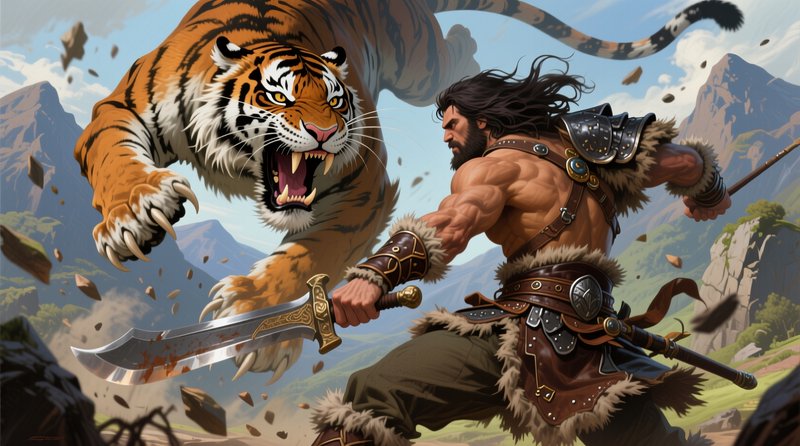 Muscular fur-cloaked barbarian warrior clashes with a leaping attacking tiger in a sunlit mountai...