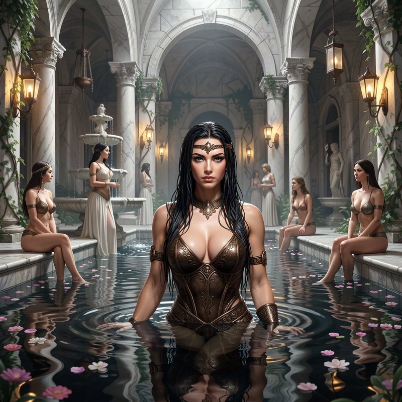 Stern female fantasy warrior in bronze armor stands in a grand marble bathhouse pool surrounded b...