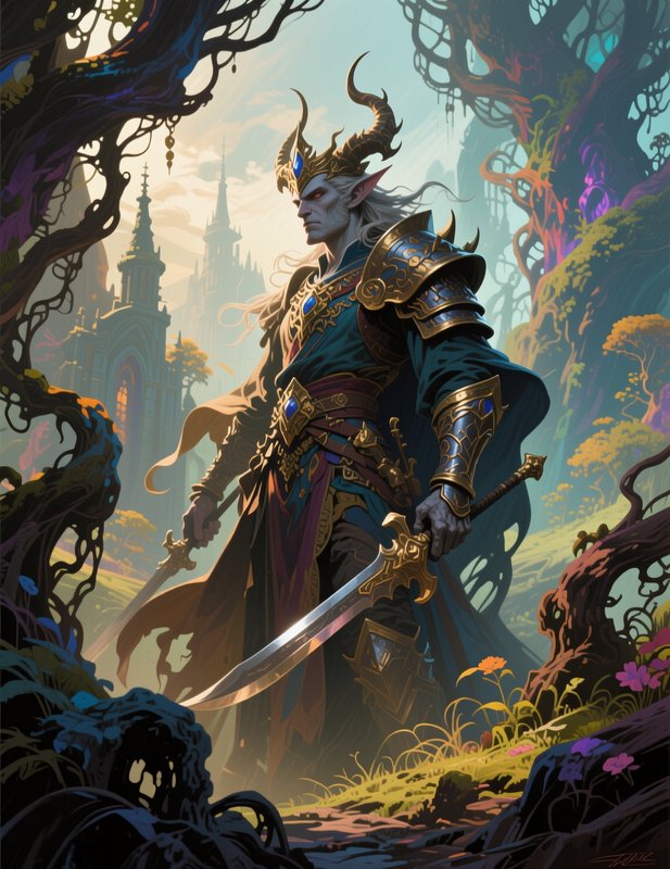 Dark elf fantasy king with a horned crown holds two swords while standing in an enchanted forest ...