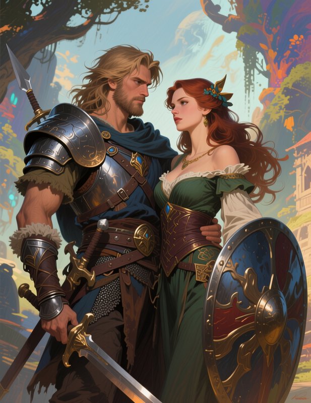 Armored blonde warrior and red haired shieldmaiden stand gazing tenderly at each other in a brigh...