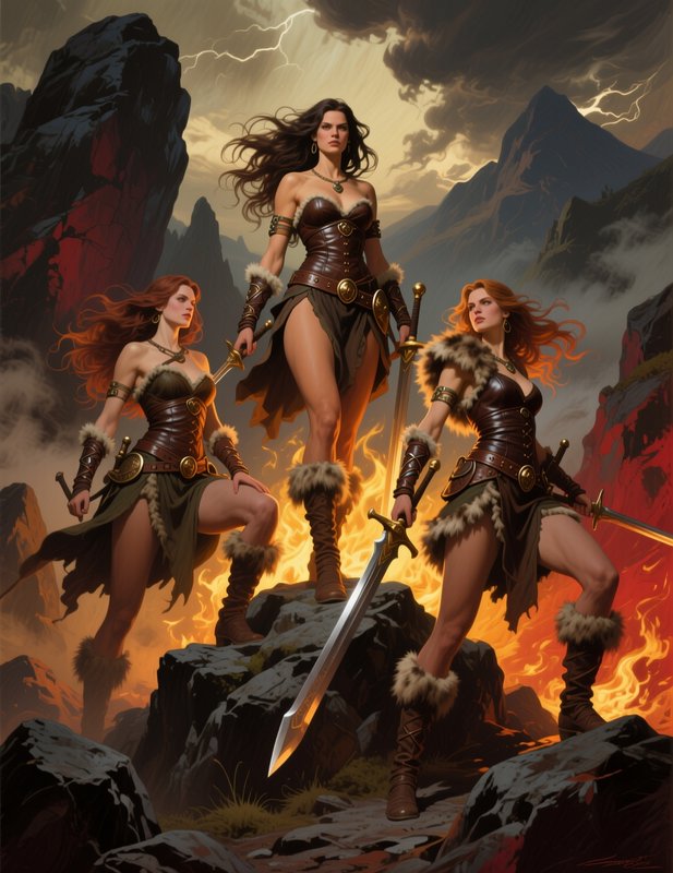 Three fierce barbarian warrior women holding swords stand on rocky outcrops against a fiery storm...