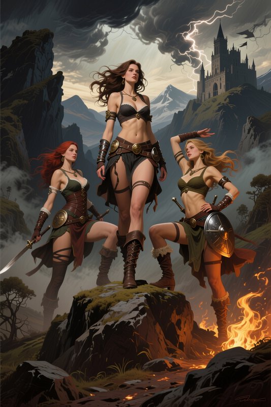 Three warrior women stand atop a rocky cliff beneath a stormy sky with a distant medieval castle