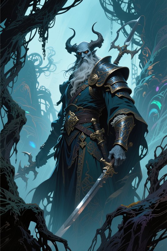 Towering horned lich king holds magical swords while standing in a misty twisted haunted forest