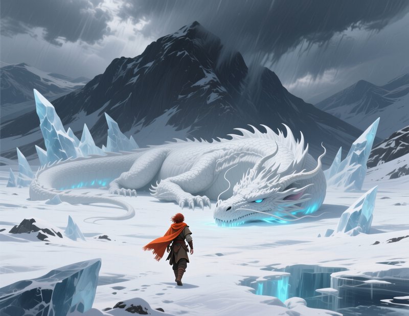 Red-haired adventurer in an orange cloak approaches a giant glowing white ice dragon on a snowy a...