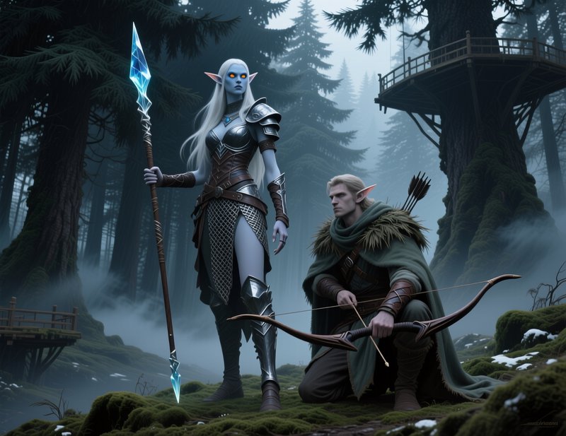 Female dark elf with glowing crystal spear and kneeling elven archer stand guard in a misty ancie...