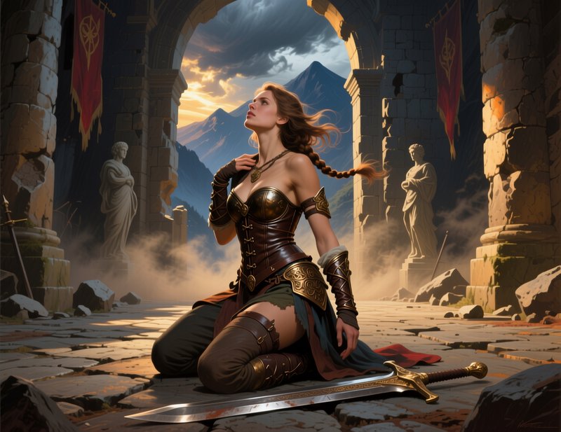 Female fantasy warrior kneels beside her ornate greatsword in ancient ruined stone temple at golden sunset