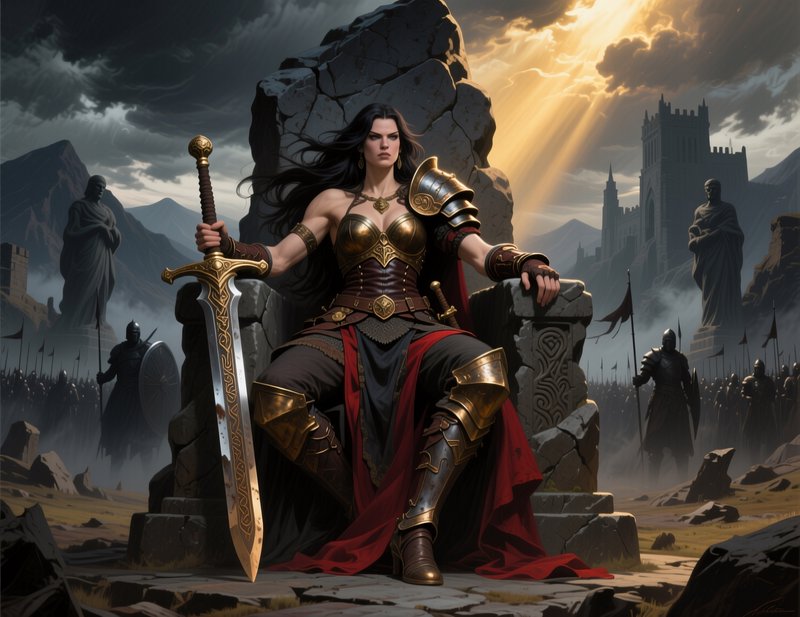 Fierce warrior queen sits on a cracked stone throne holding an ornate greatsword overlooking her ...