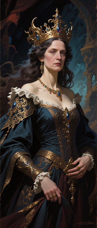 Stern noble queen in an ornate jeweled gold crown and dark teal royal gown, posed against a moody...