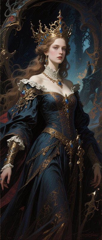 Regal fantasy queen wearing a jewel studded gold crown and dark teal royal gown in a gothic castle interior