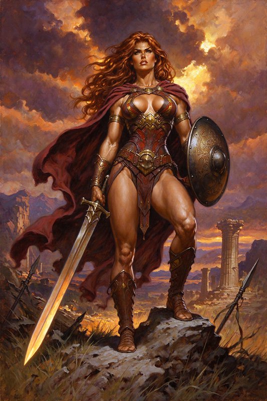 Muscular red-haired fantasy warrior stands on a rocky battlefield holding a sword and bronze shield at stormy sunset