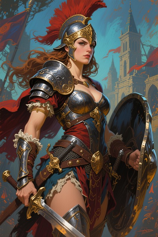 Confident female warrior in ornate plumed armor holds a sword and round shield before a fantasy castle