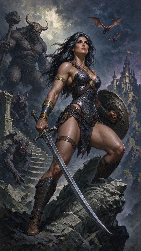 Armored female fantasy warrior with sword and shield stands ready to fight approaching demonic foes