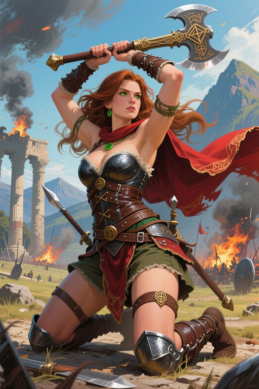 Redheaded warrior woman raises an engraved battle axe above her head on a fiery battlefield