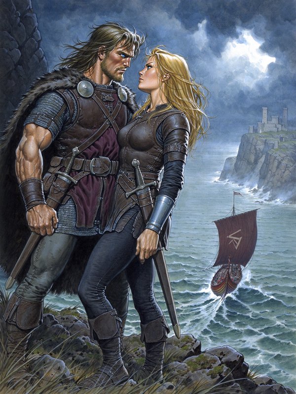 Viking warrior and shieldmaiden stand face to face on a rocky stormy coastal cliff overlooking a ...
