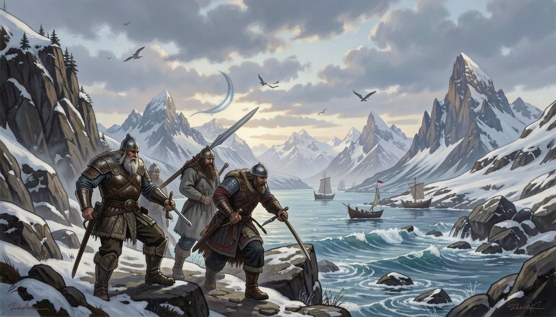 Armed Viking warriors stand on a snowy fjord shore overlooking Norse longships in icy mountain wa...