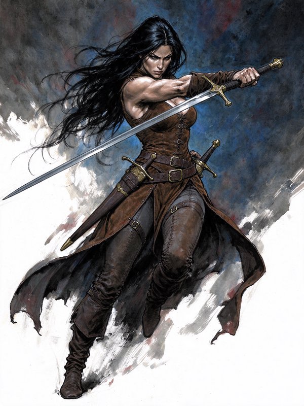 Fierce long-haired female fantasy warrior holding a longsword in a battle-ready fighting stance