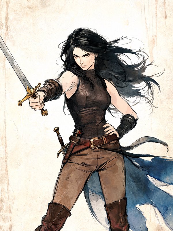 Fierce black-haired female fantasy warrior holding a sword forward in a battle ready stance