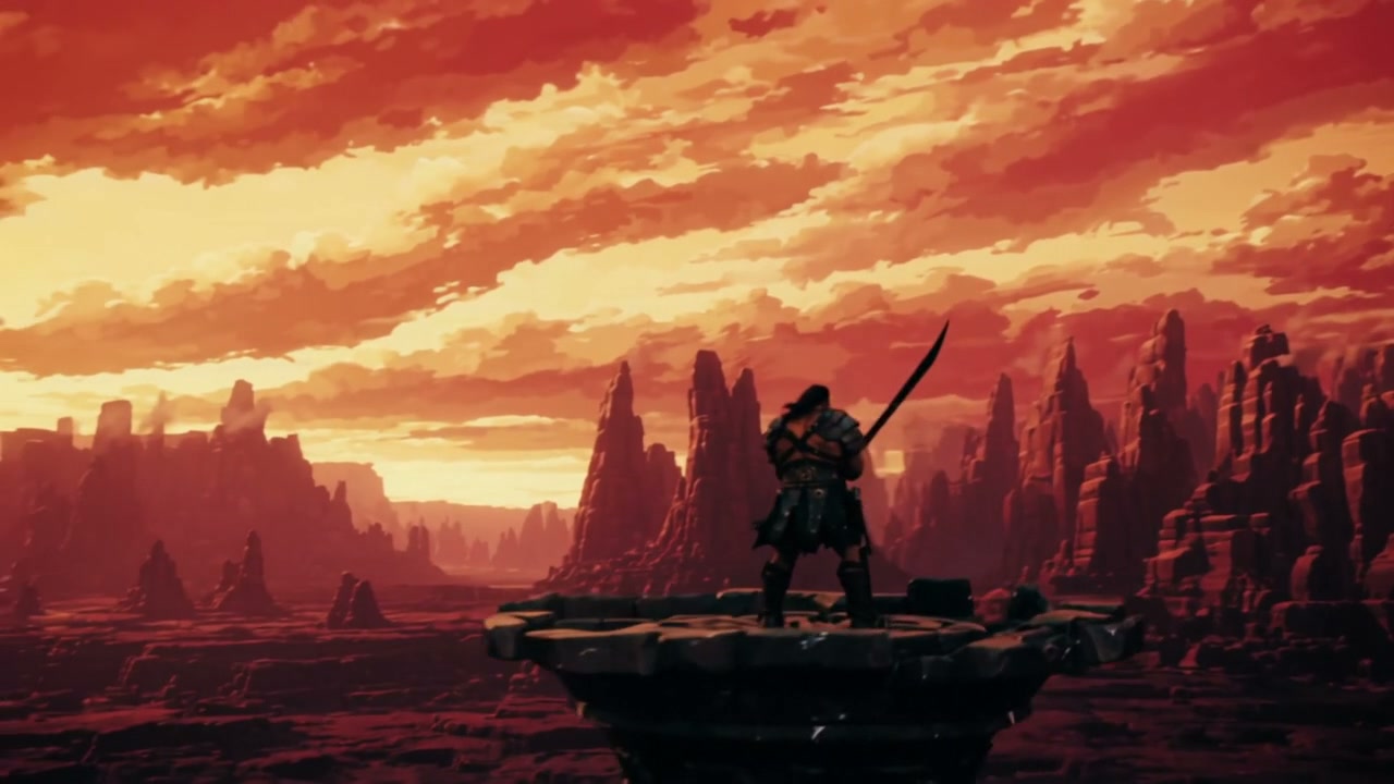 Armored warrior stands on a stone platform overlooking a fiery red canyon at sunset.