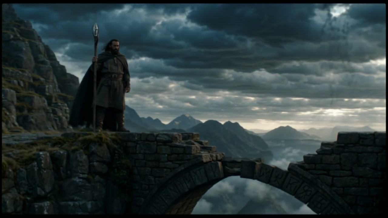 Bearded warrior in a cloak with a spear atop ancient stone arches overlooking misty mountains.