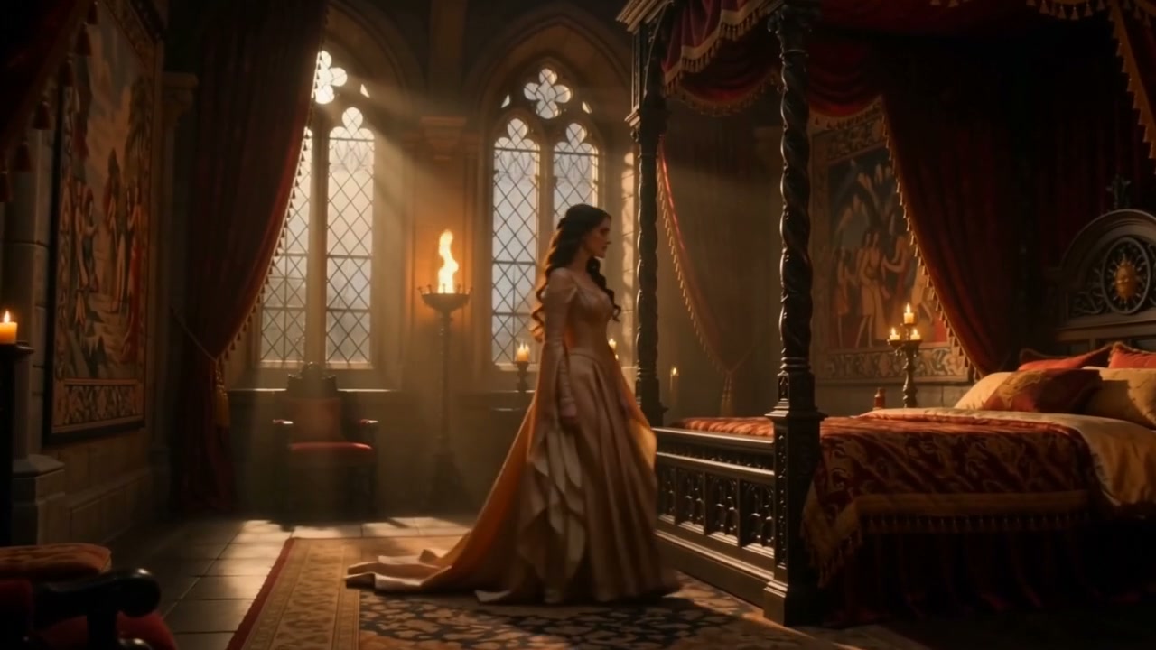 Elegant woman in a flowing gown stands beside a four-poster bed in a candlelit medieval castle be...
