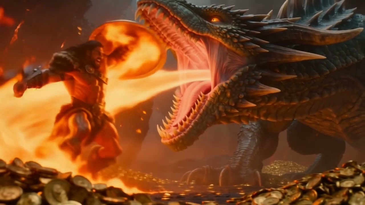 Muscular barbarian warrior battles a spiked fire-breathing dragon over piles of gold coins in a f...