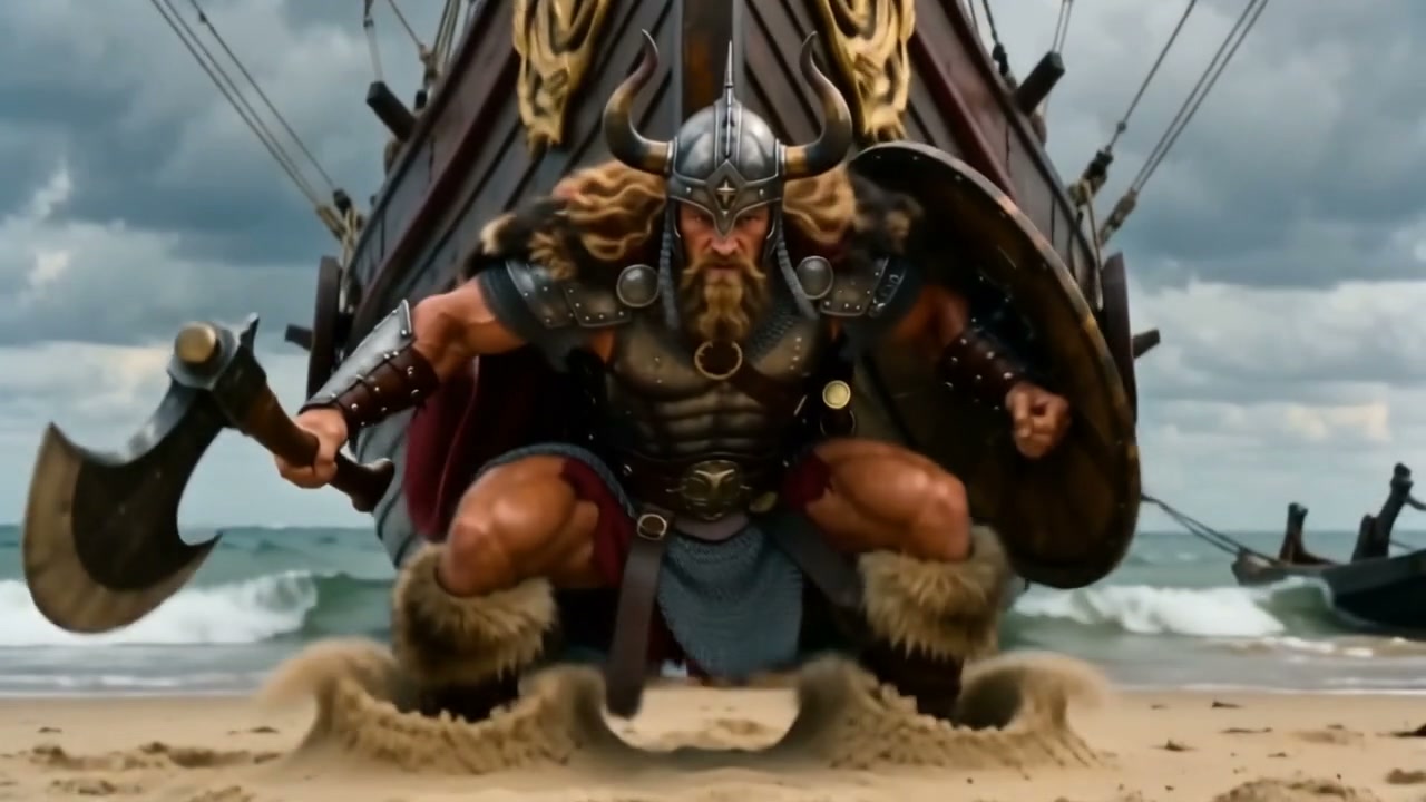 Muscular horned Viking warrior with axe and shield lands on a sandy beach, an ornate wooden longs...