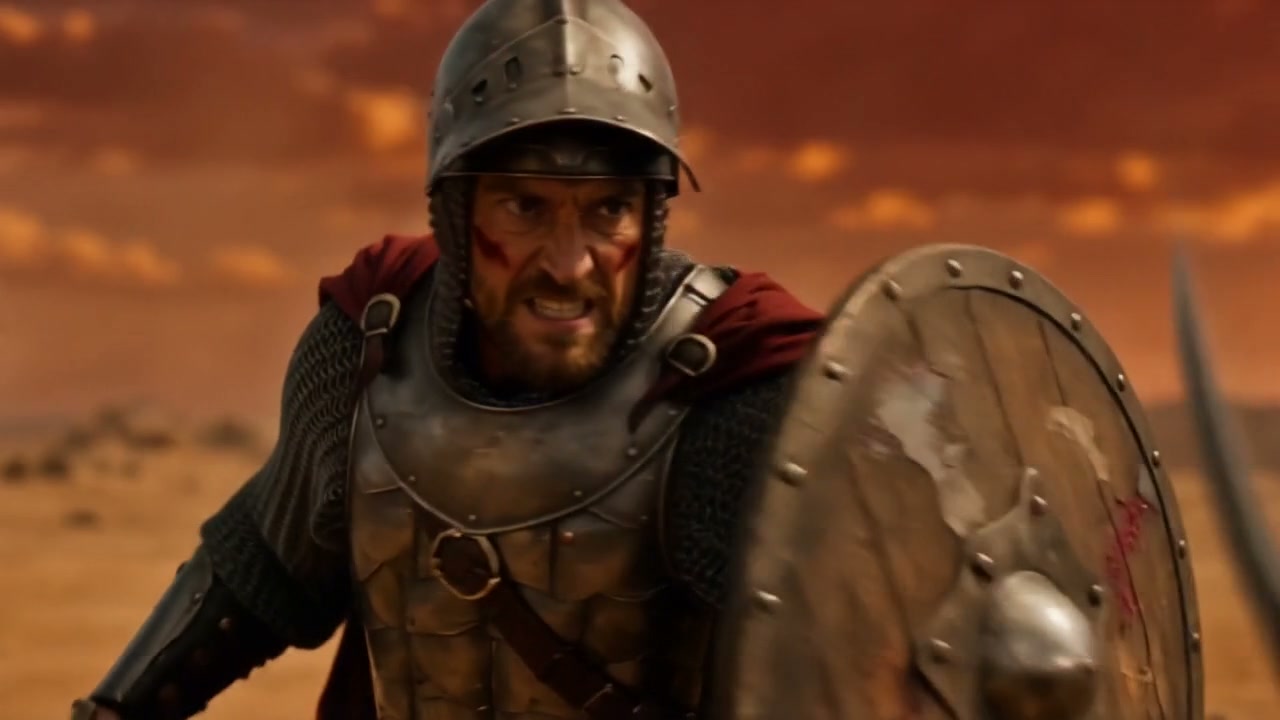 Battle-worn Roman soldier in metal armor, bloodied face, charging with a wooden shield across a f...