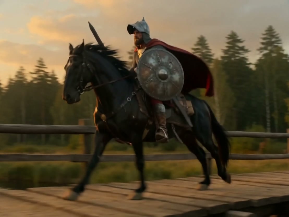 Medieval warrior with a round metal shield and red cape gallops across a wooden bridge on a black...