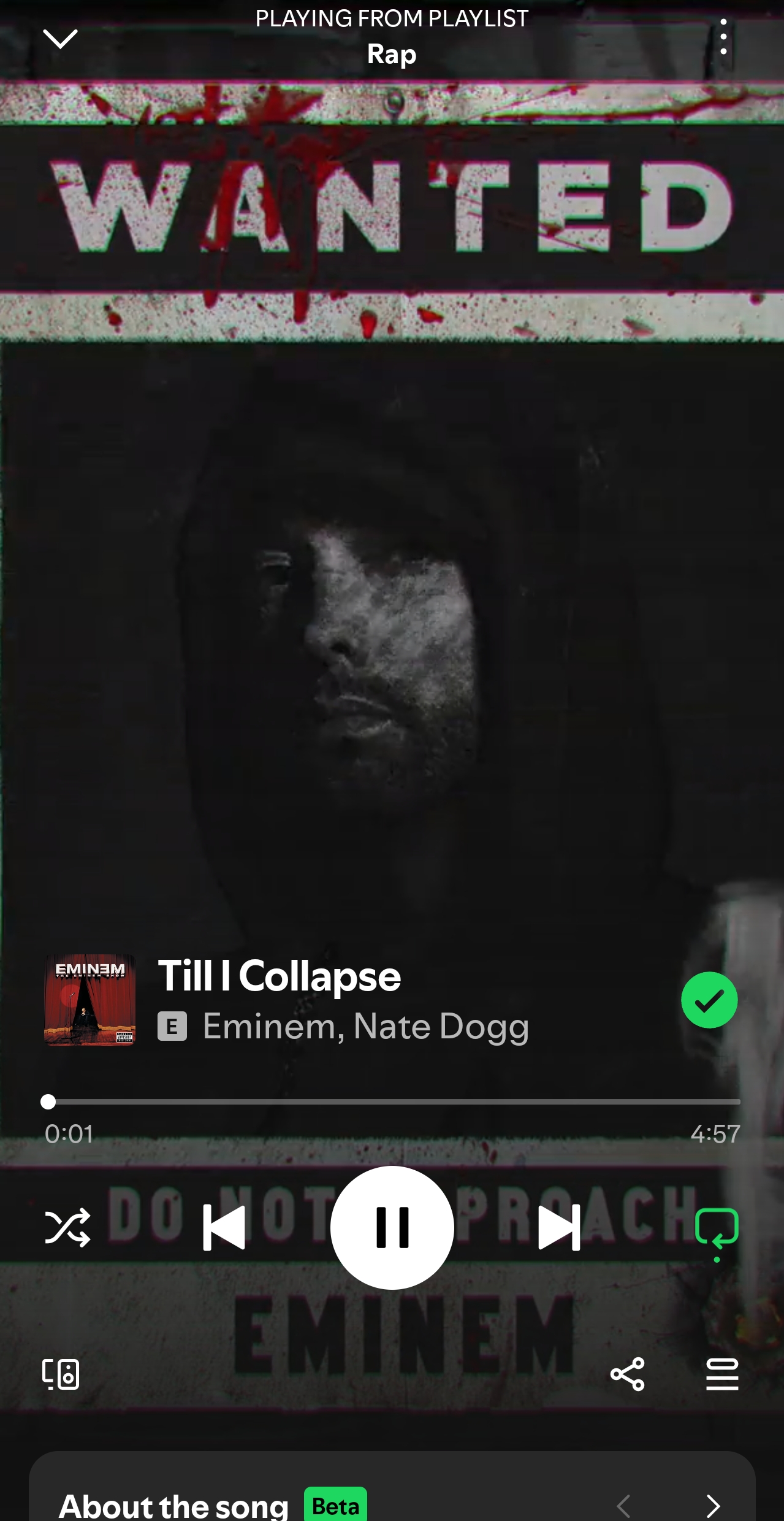 Dark hooded portrait with a red "WANTED" banner, Eminem's Till I Collapse artwork.