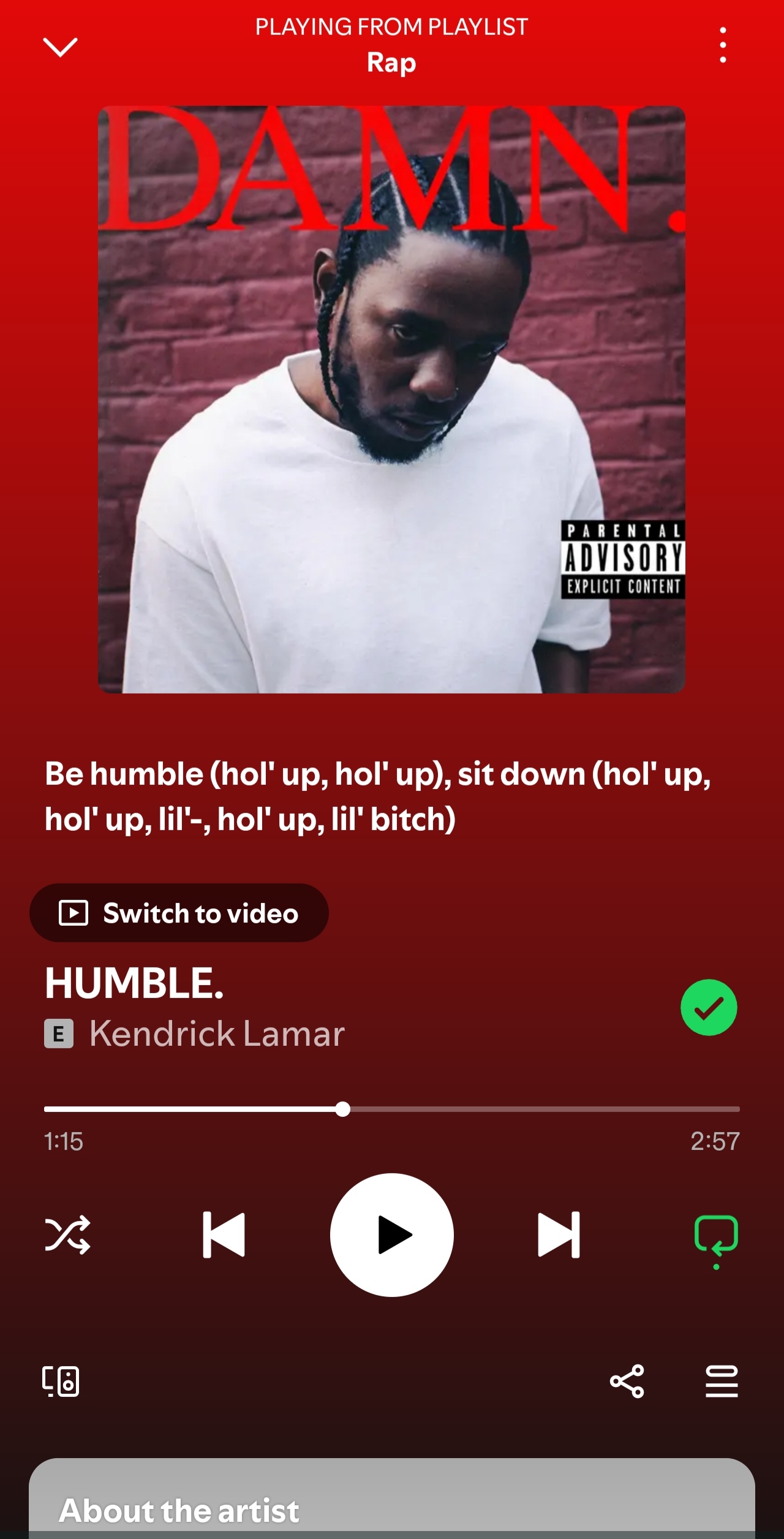 Kendrick Lamar “DAMN.” album cover with a red background and the word DAMN at top.