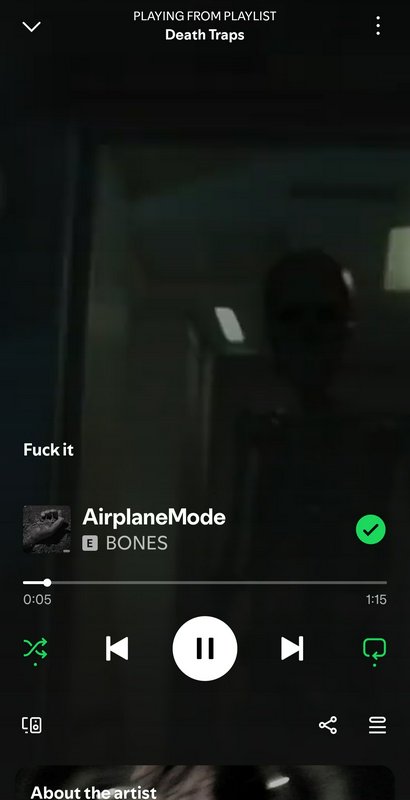 Dark mobile screen playing "AirplaneMode" by BONES with a blurred silhouette in the background.