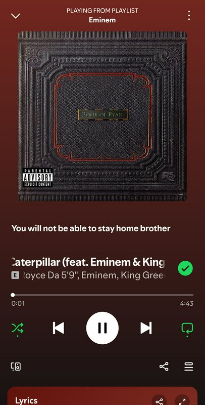 Album cover for "Book of Ryan" by Eminem displayed in a streaming app with track info.
