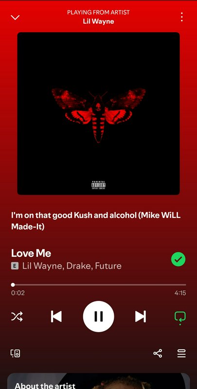 Album cover on a red-tade music player screen featuring a black square with a red butterfly/moth ...