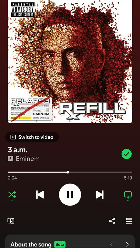 Mobile music streaming player playing Eminem's 3 a.m., displaying the Relapse: Refill album cover...