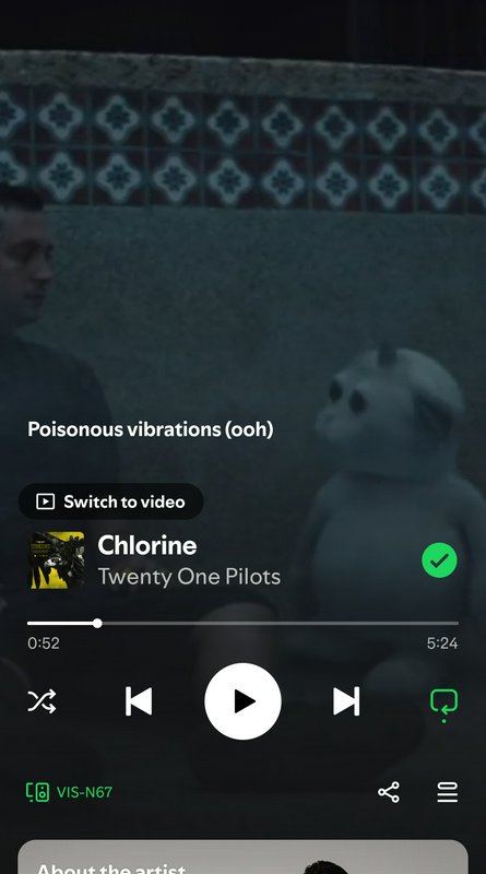 Mobile Spotify music player playing Twenty One Pilots' Chlorine, with the track's official music ...
