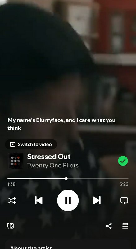 Spotify mobile music player playing Twenty One Pilots' "Stressed Out", showing on-screen lyrics a...