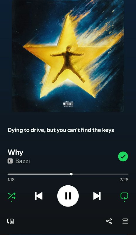 Spotify dark mode player screen playing Bazzi track "Why" with golden star cosmic album art and l...