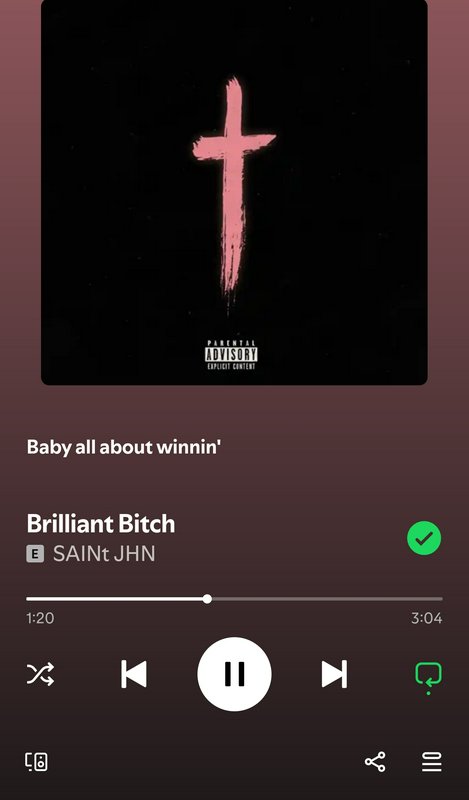 Mobile Spotify player screenshot playing SAINt JHN's Brilliant Bitch, showing album art with a pi...