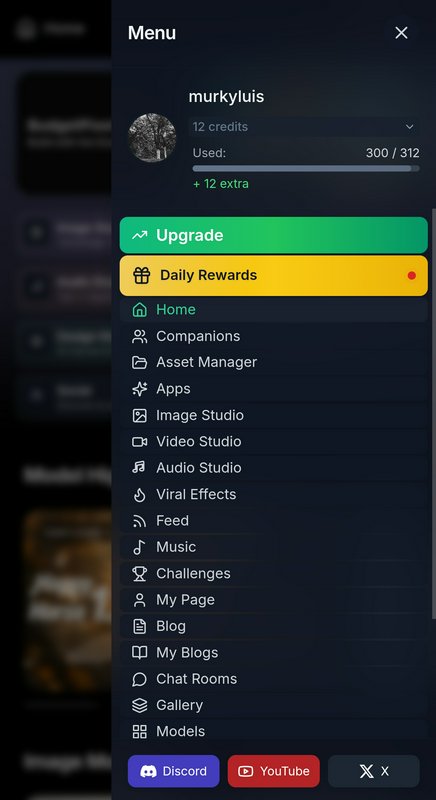Dark mode mobile app sidebar menu displaying user profile, navigation links, and platform action ...