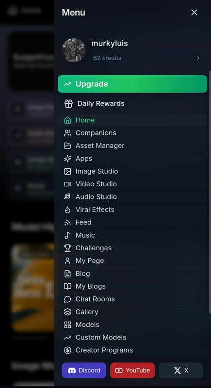 Dark mode mobile app sidebar menu showing a user profile, creator tool navigation options, and ex...