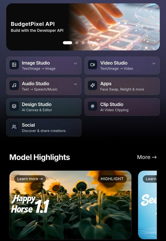 Dark mode AI creative platform dashboard showing generative tool menus, developer API info, and A...