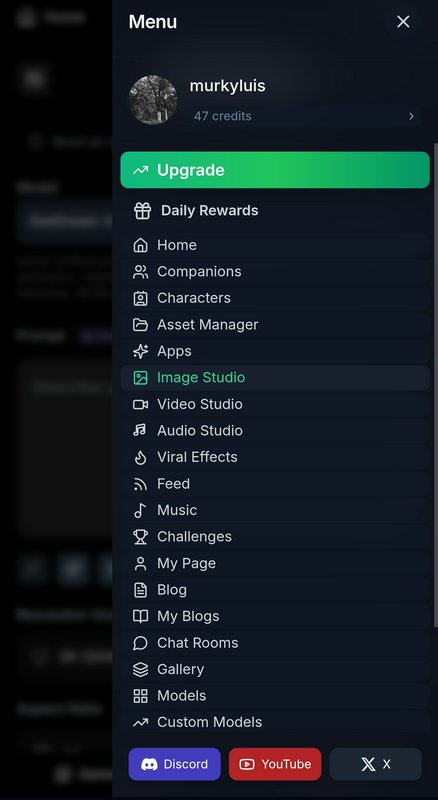 Dark mode generative AI content app side menu, showing user profile, creation tool navigation, an...