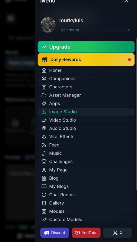 Side navigation menu for a dark-themed AI content creation app, showing user profile, menu option...