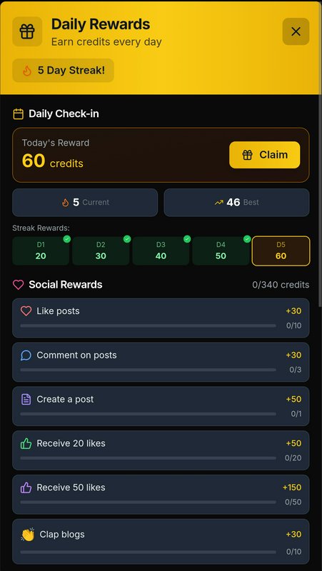 Dark mode mobile app Daily Rewards screen showing 5-day check-in streak and tasks to earn in-app ...