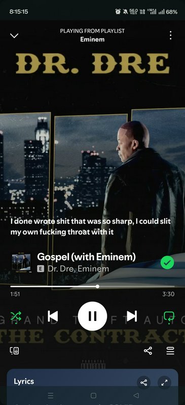 Mobile Spotify player screenshot playing "Gospel" by Dr. Dre and Eminem, displaying track lyrics ...