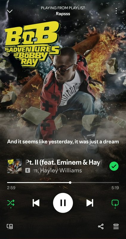 Spotify playback screen showing B.o.B's Pt. II track from The Adventures of Bobby Ray album with ...