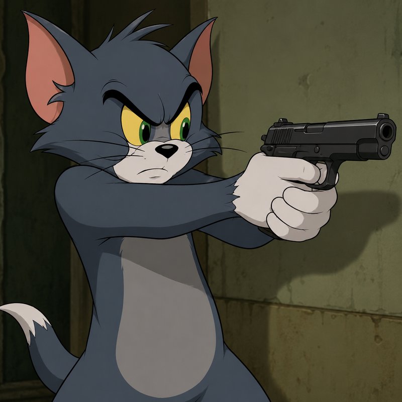 Angry Tom Cat from Tom and Jerry aims a black semi-automatic handgun forward with a fierce focuse...