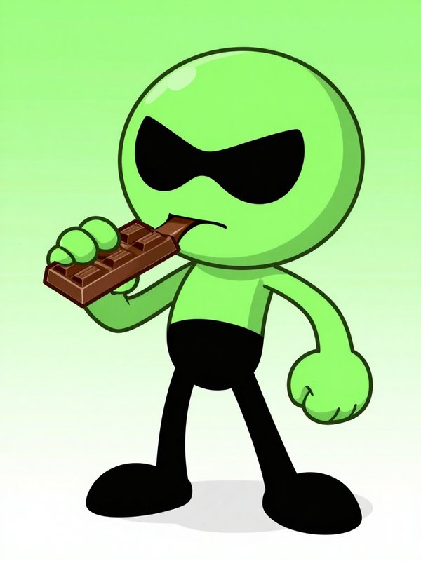 Grumpy bright green masked stick figure cartoon character biting into a chocolate bar on a light ...