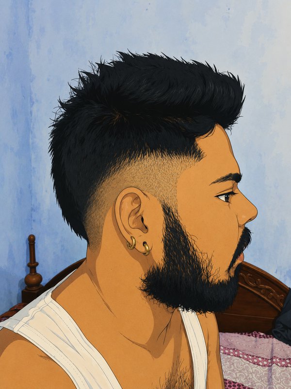 Side profile illustrated portrait of a bearded man with a spiky fade haircut and gold hoop earrings