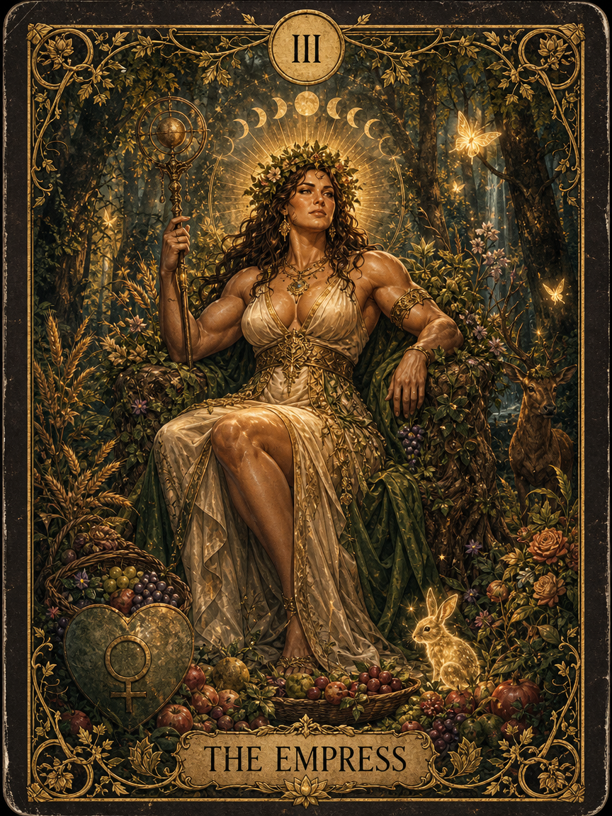 The Empress tarot card: a regal woman in a flowing gown seated amid lush foliage, surrounded by fruits, flowers, and a for...